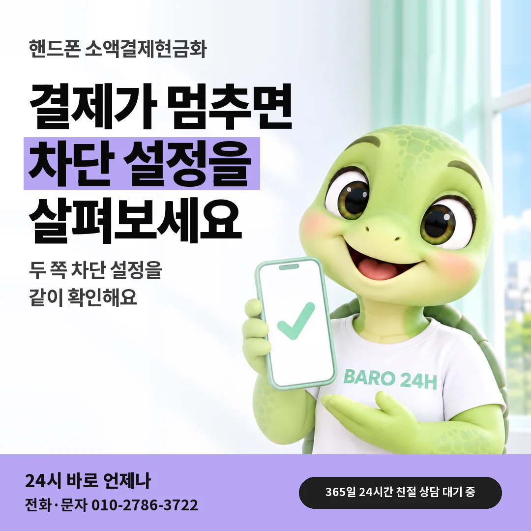 휴대폰을 든 BARO 24H 티셔츠를 입은 3D 거북이 캐릭터 옆에 「핸드폰 결제 차단 살피기」 제목을 얹은 안내 카드