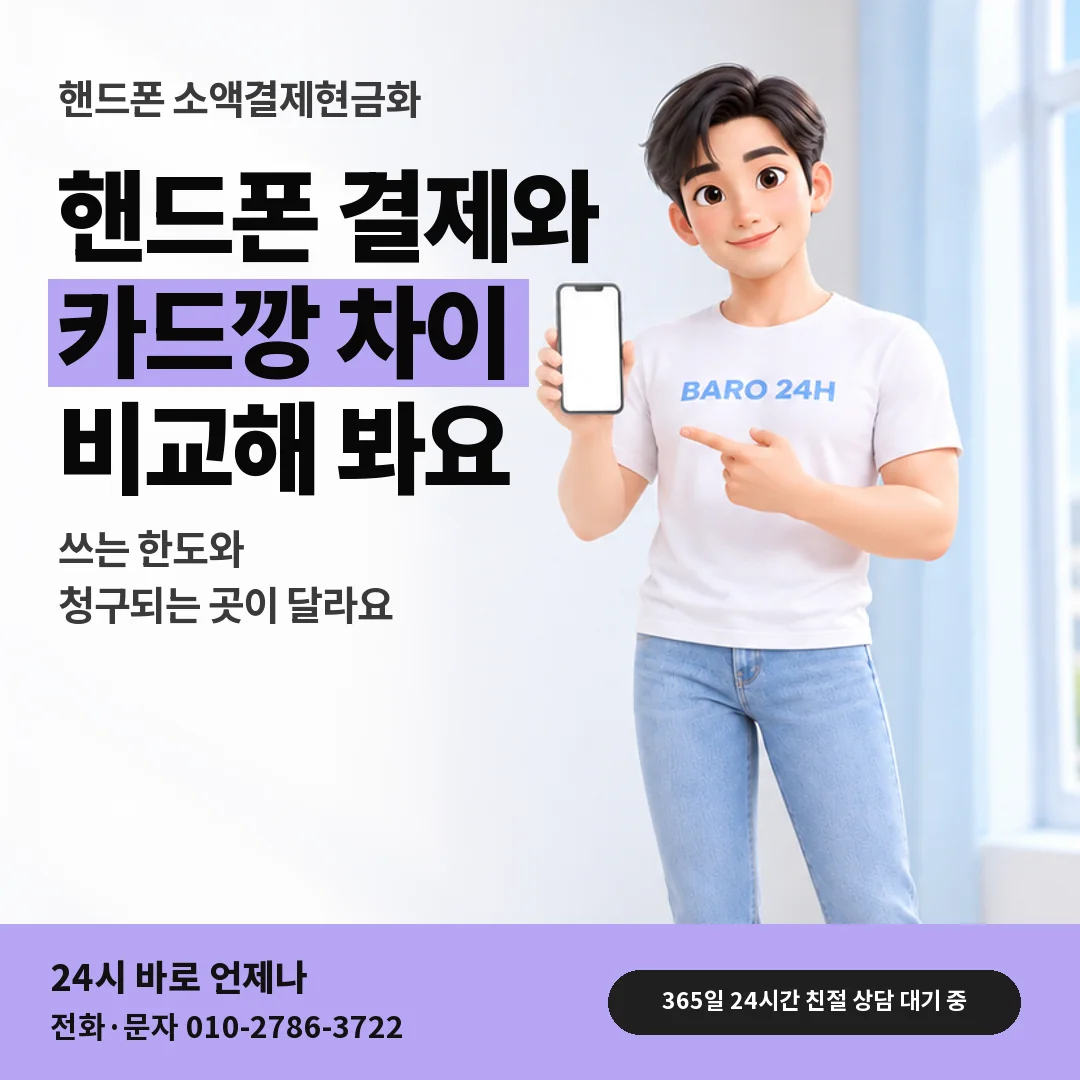 휴대폰을 보며 웃는 BARO 24H 티셔츠를 입은 3D 인물 옆에 「핸드폰 카드깡과 비교」 제목을 얹은 안내 카드