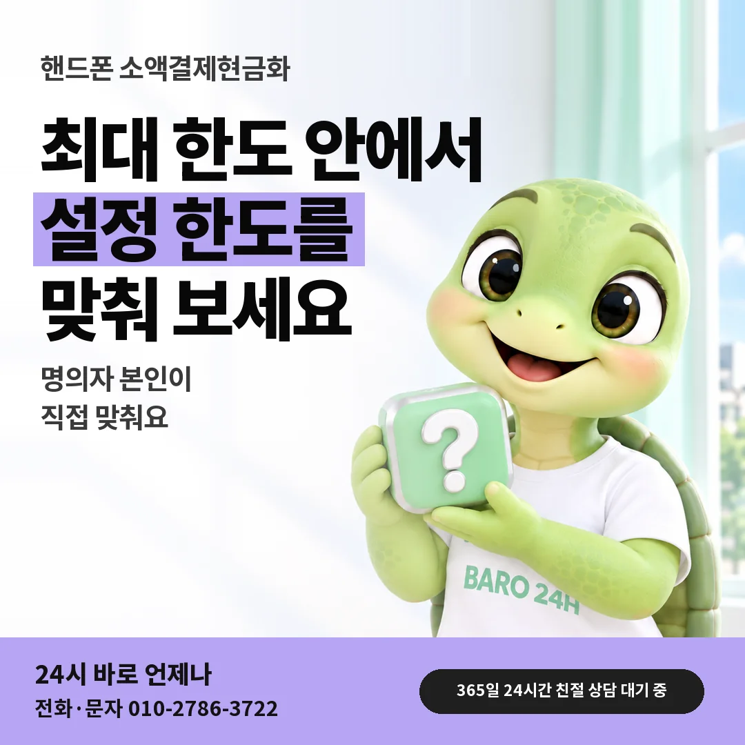 물음표 상자를 든 BARO 24H 티셔츠를 입은 3D 거북이 캐릭터 옆에 「핸드폰 설정 한도 맞추기」 제목을 얹은 안내 카드